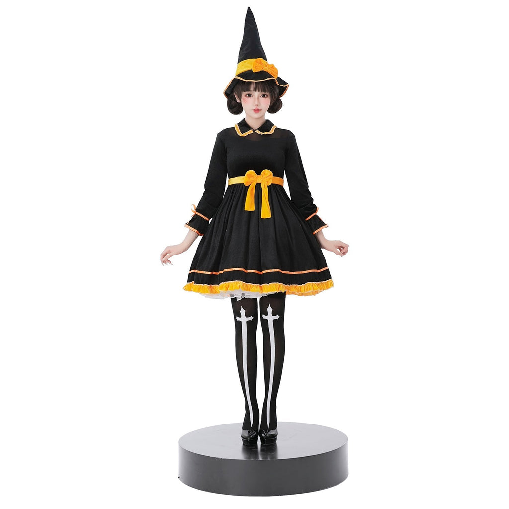Black velvet-look witch costume dress with yellow bow sash and pointed witch hat - view 3
