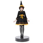 Black velvet-look witch costume dress with yellow bow sash and pointed witch hat - view 3
