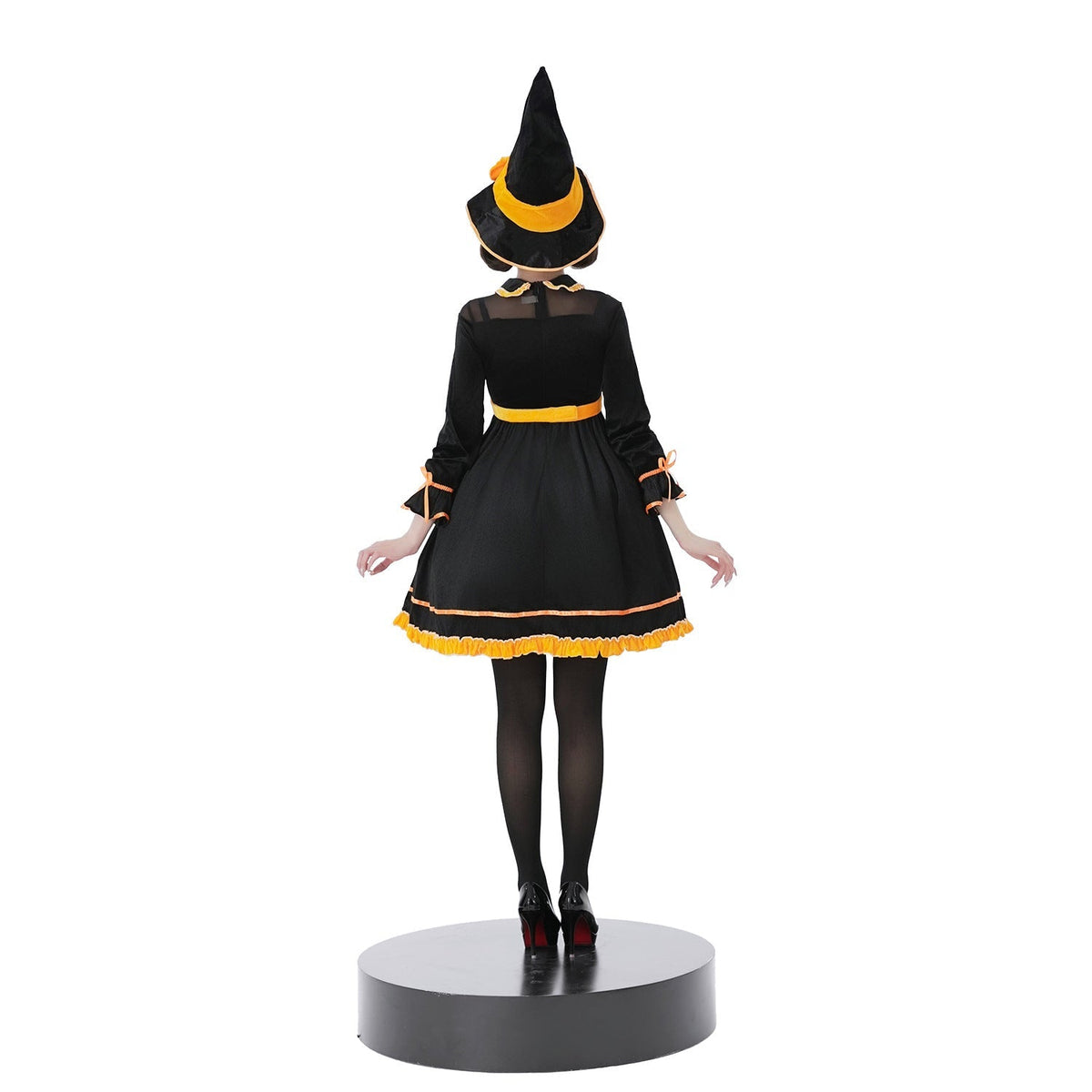 Black velvet-look witch costume dress with yellow bow sash and pointed witch hat - view 4