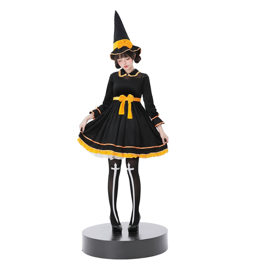 Black velvet-look witch costume dress with yellow bow sash and pointed witch hat - view 5