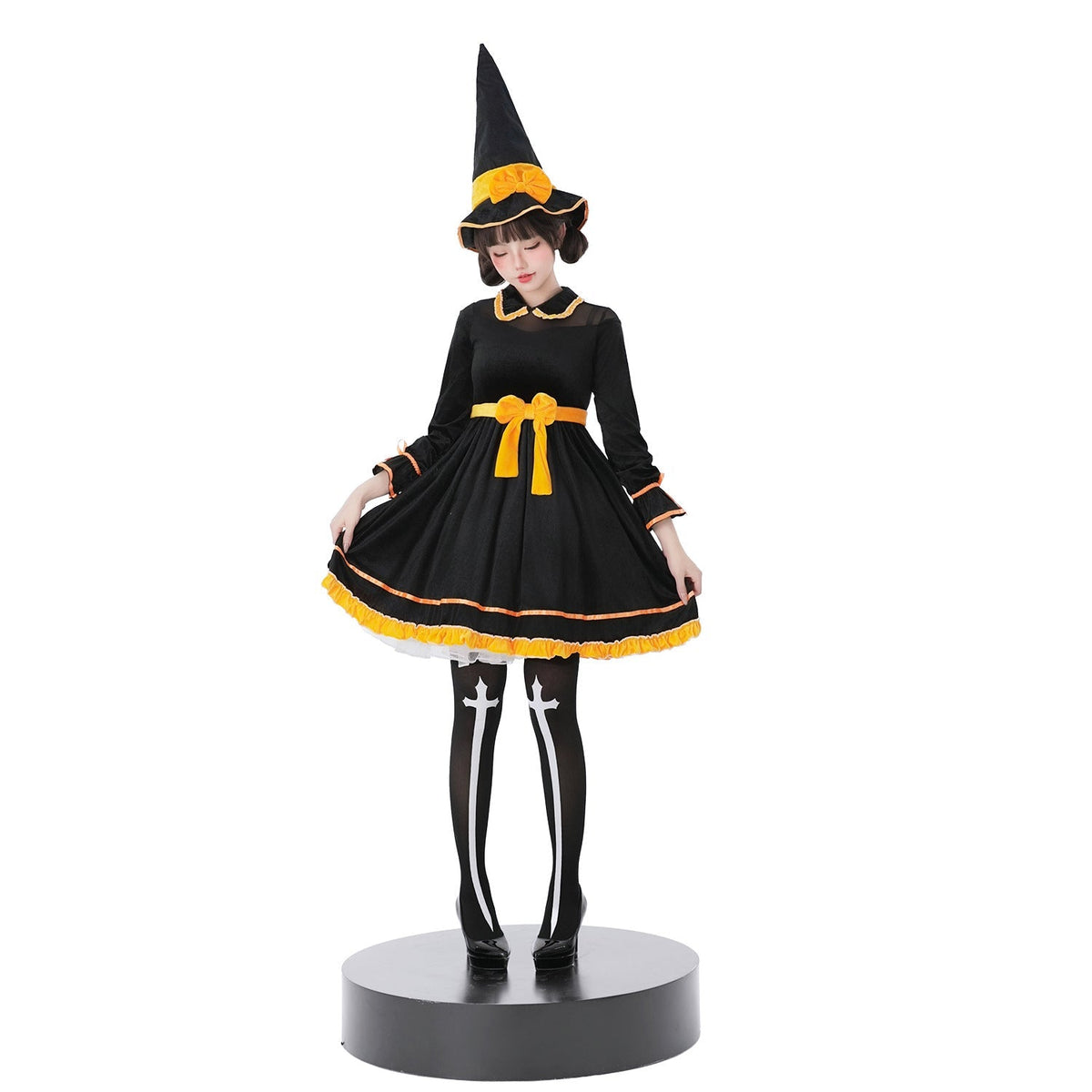 Black velvet-look witch costume dress with yellow bow sash and pointed witch hat - view 5