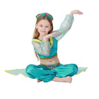 Girls teal princess costume with sheer sleeves, satin crop top, flowing pants and jeweled headpiece
