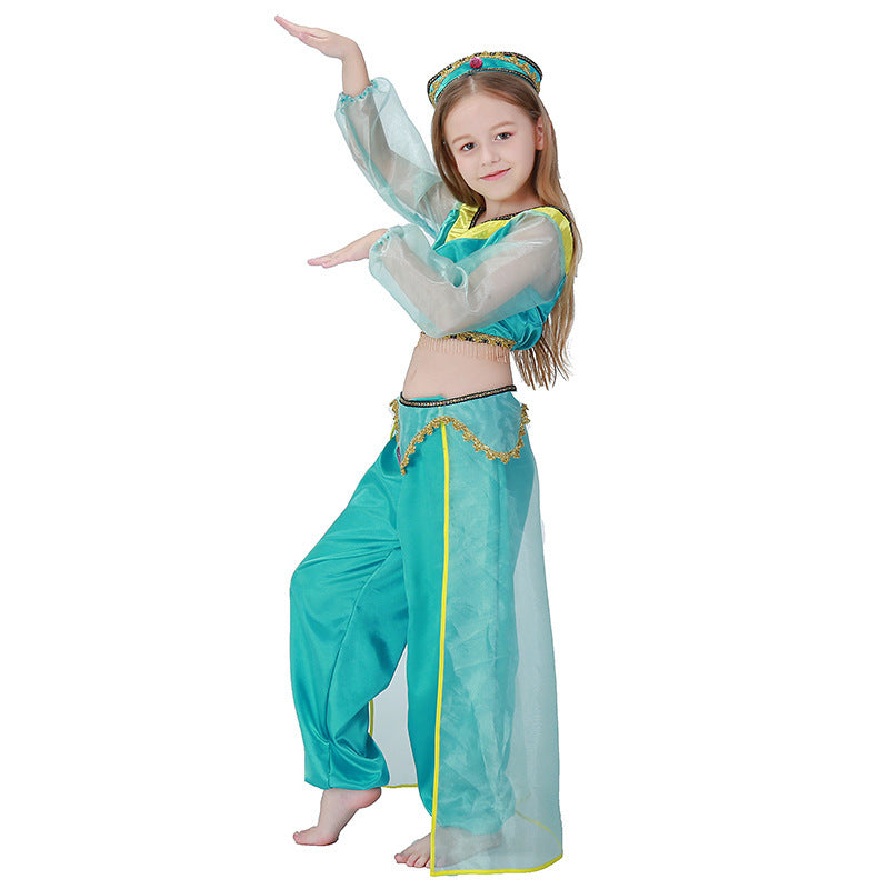 Girls teal princess costume with sheer sleeves, satin crop top, flowing pants and jeweled headpiece - view 3