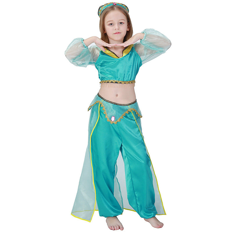 Girls teal princess costume with sheer sleeves, satin crop top, flowing pants and jeweled headpiece - view 4