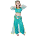 Girls teal princess costume with sheer sleeves, satin crop top, flowing pants and jeweled headpiece - view 4
