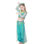 Girls teal princess costume with sheer sleeves, satin crop top, flowing pants and jeweled headpiece - view 5