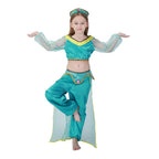 Girls teal princess costume with sheer sleeves, satin crop top, flowing pants and jeweled headpiece - view 6