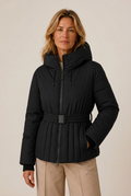 Belted quilted jacket with hood and pleat-like channel quilting