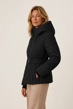 Belted quilted jacket with hood and pleat-like channel quilting - view 2