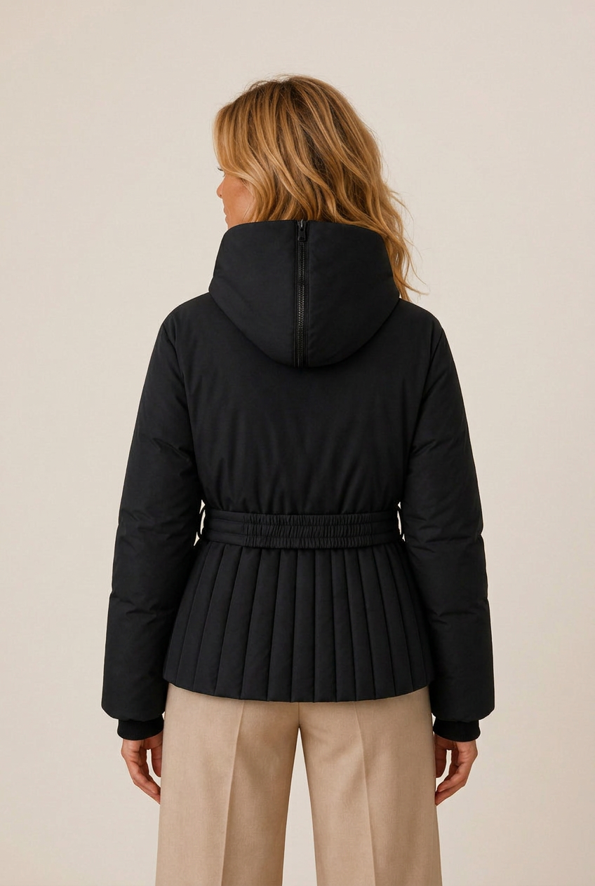Belted quilted jacket with hood and pleat-like channel quilting - view 3