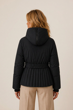 Belted quilted jacket with hood and pleat-like channel quilting - view 3