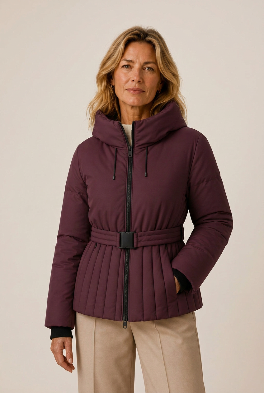 Belted quilted jacket with hood and pleat-like channel quilting - view 5