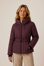 Belted quilted jacket with hood and pleat-like channel quilting - view 5