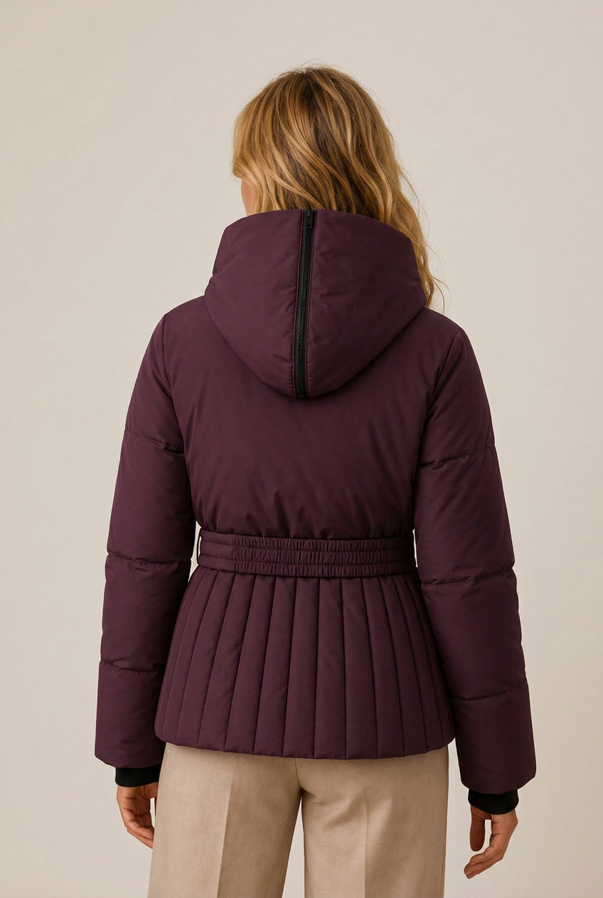 Belted quilted jacket with hood and pleat-like channel quilting - view 6