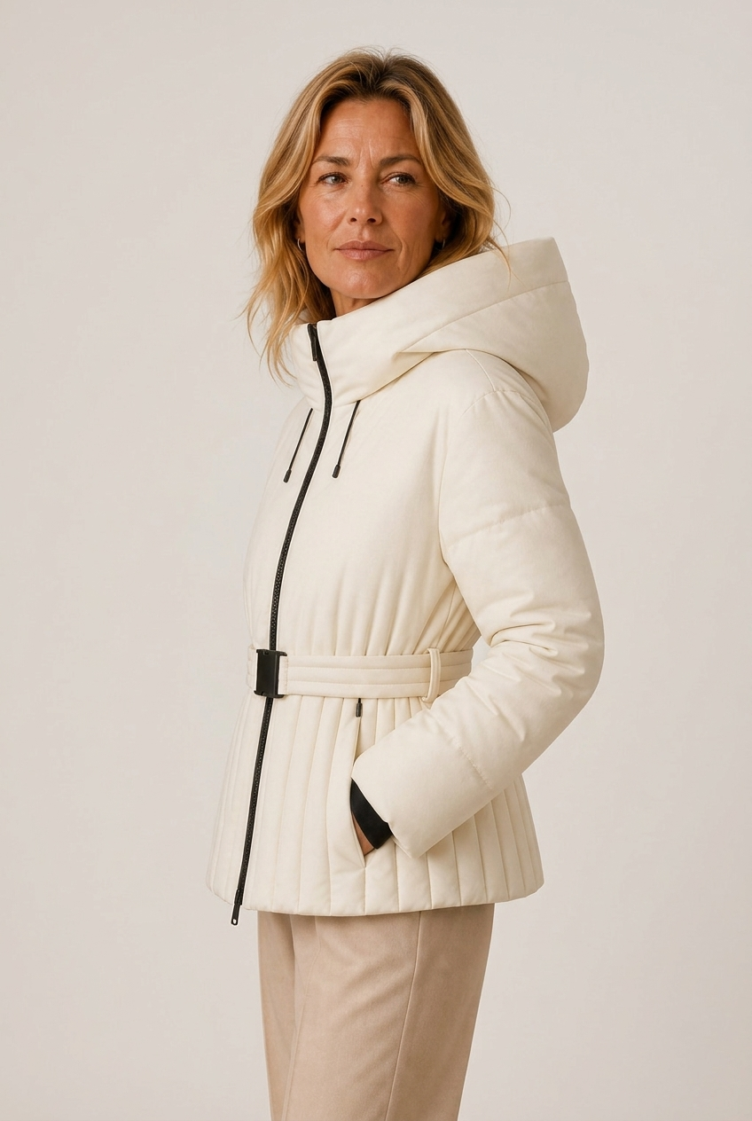 Belted quilted jacket with hood and pleat-like channel quilting - view 7