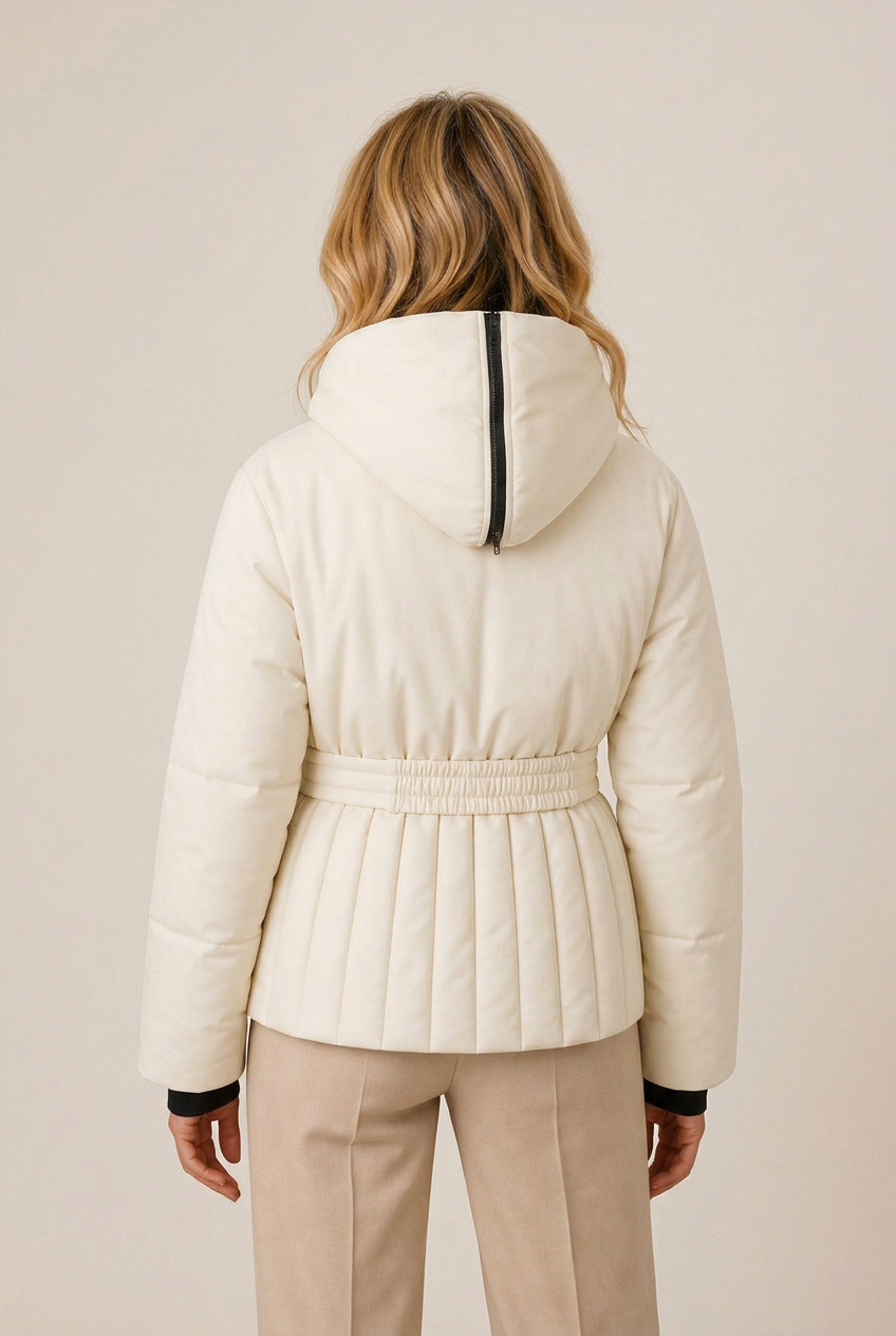 Belted quilted jacket with hood and pleat-like channel quilting - view 8