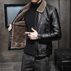 Faux fur lined men's jacket in leather-look finish with zip front
