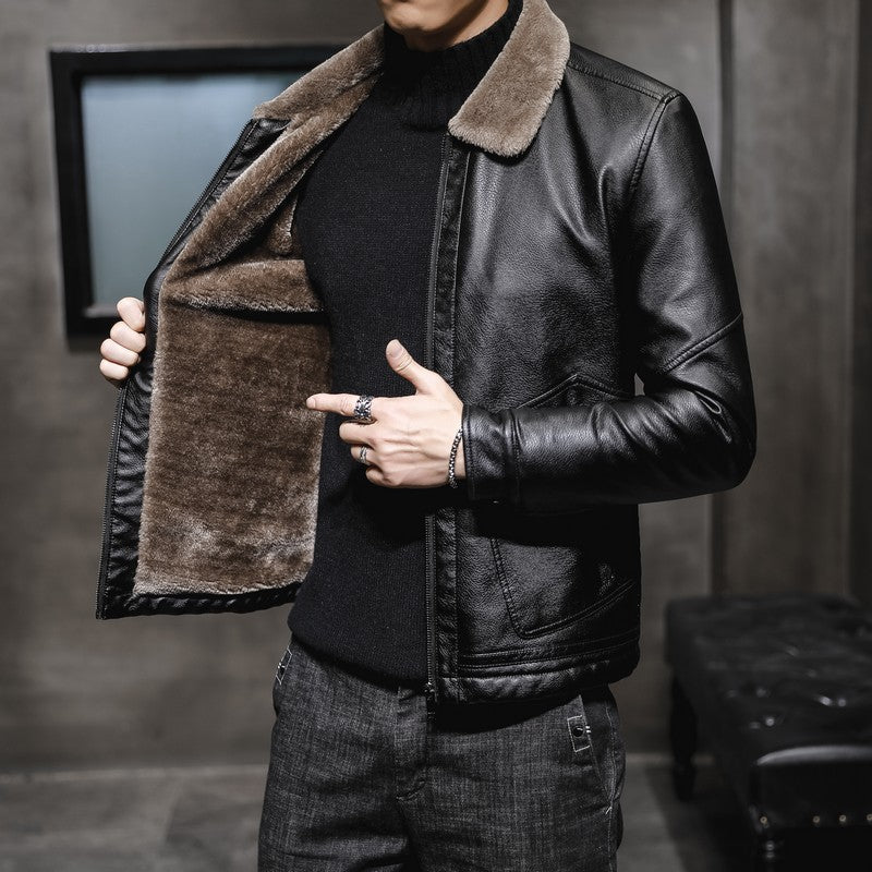 Faux fur lined men's jacket in leather-look finish with zip front