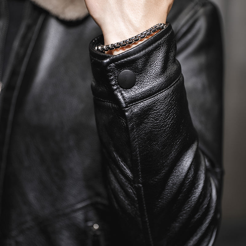 Faux fur lined men's jacket in leather-look finish with zip front - view 2