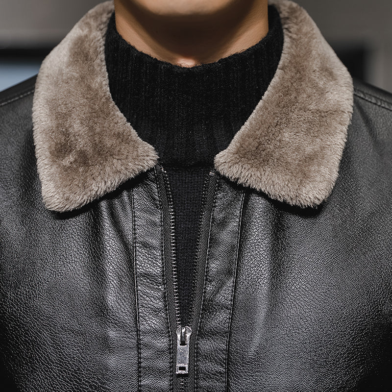 Faux fur lined men's jacket in leather-look finish with zip front - view 3