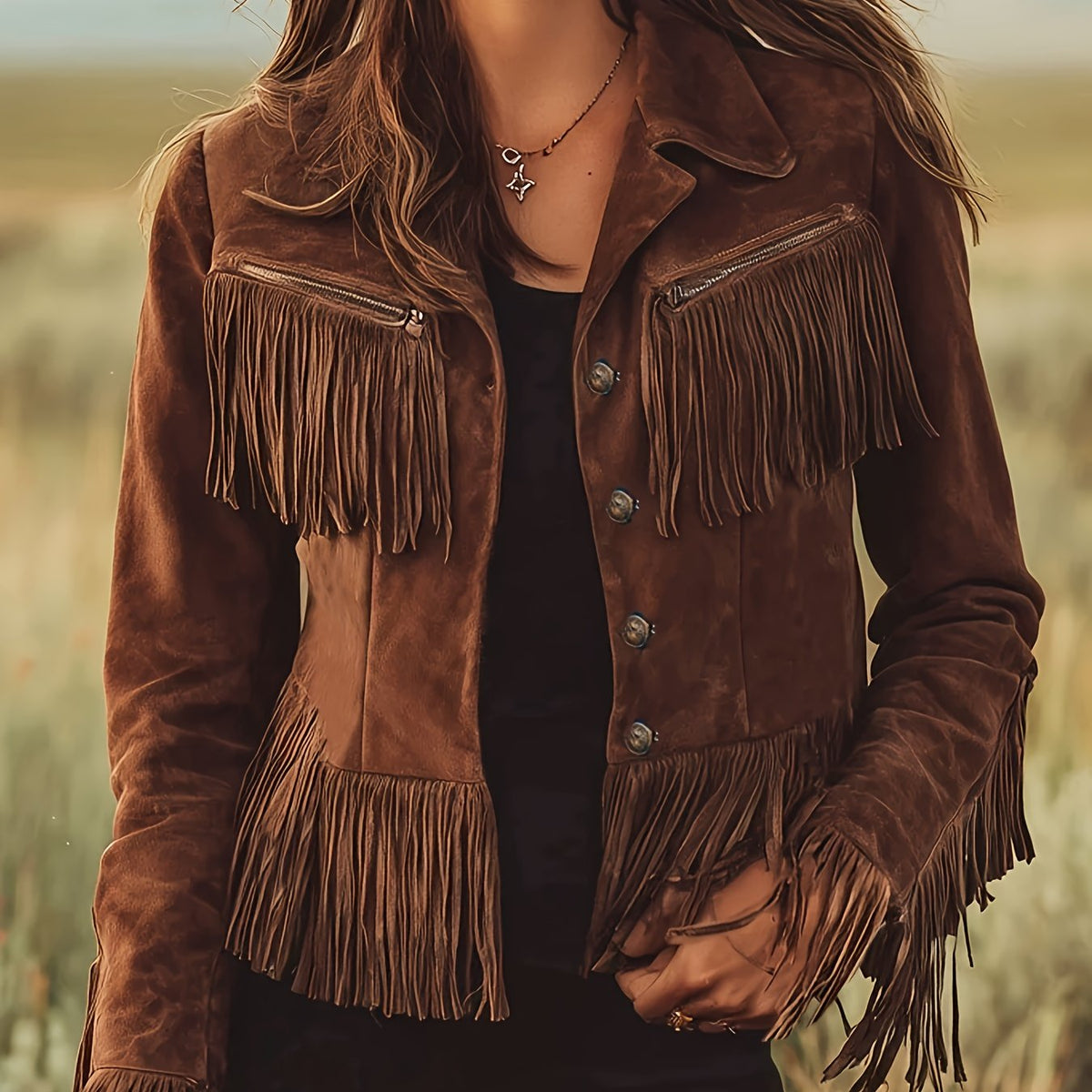 Western cowgirl jacket in brown suede-look fabric with fringe at chest, hem and cuffs