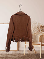 Western cowgirl jacket in brown suede-look fabric with fringe at chest, hem and cuffs - view 2
