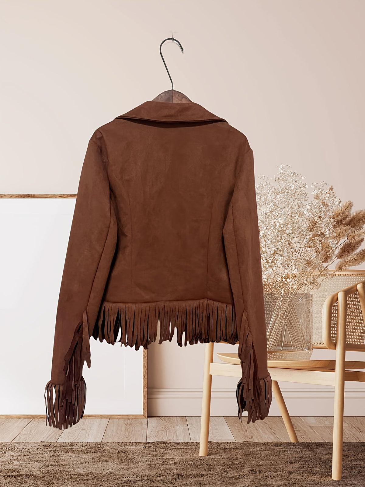 Western cowgirl jacket in brown suede-look fabric with fringe at chest, hem and cuffs - view 2