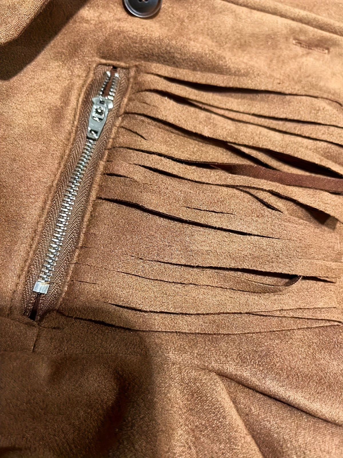 Western cowgirl jacket in brown suede-look fabric with fringe at chest, hem and cuffs - view 3