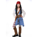 Girls pirate costume with blue denim-look tunic, white blouse sleeves, brown belts and red bandana
