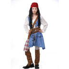 Girls pirate costume with blue denim-look tunic, white blouse sleeves, brown belts and red bandana