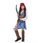 Girls pirate costume with blue denim-look tunic, white blouse sleeves, brown belts and red bandana - view 2