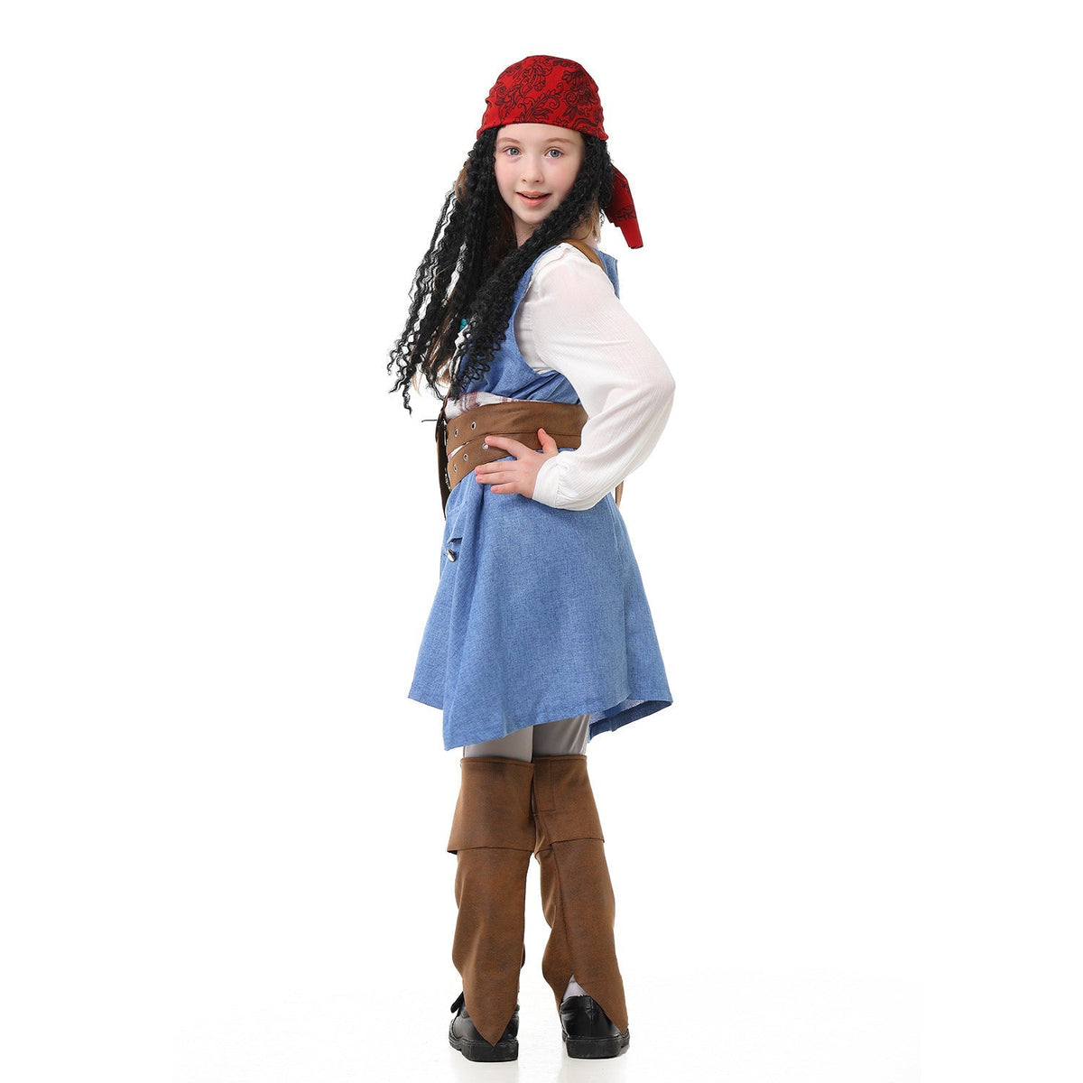 Girls pirate costume with blue denim-look tunic, white blouse sleeves, brown belts and red bandana - view 3