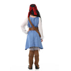 Girls pirate costume with blue denim-look tunic, white blouse sleeves, brown belts and red bandana - view 4