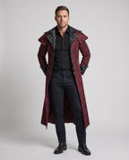 Men's gothic long coat in burgundy jacquard with high collar, cape shoulders and black button-tab front panel