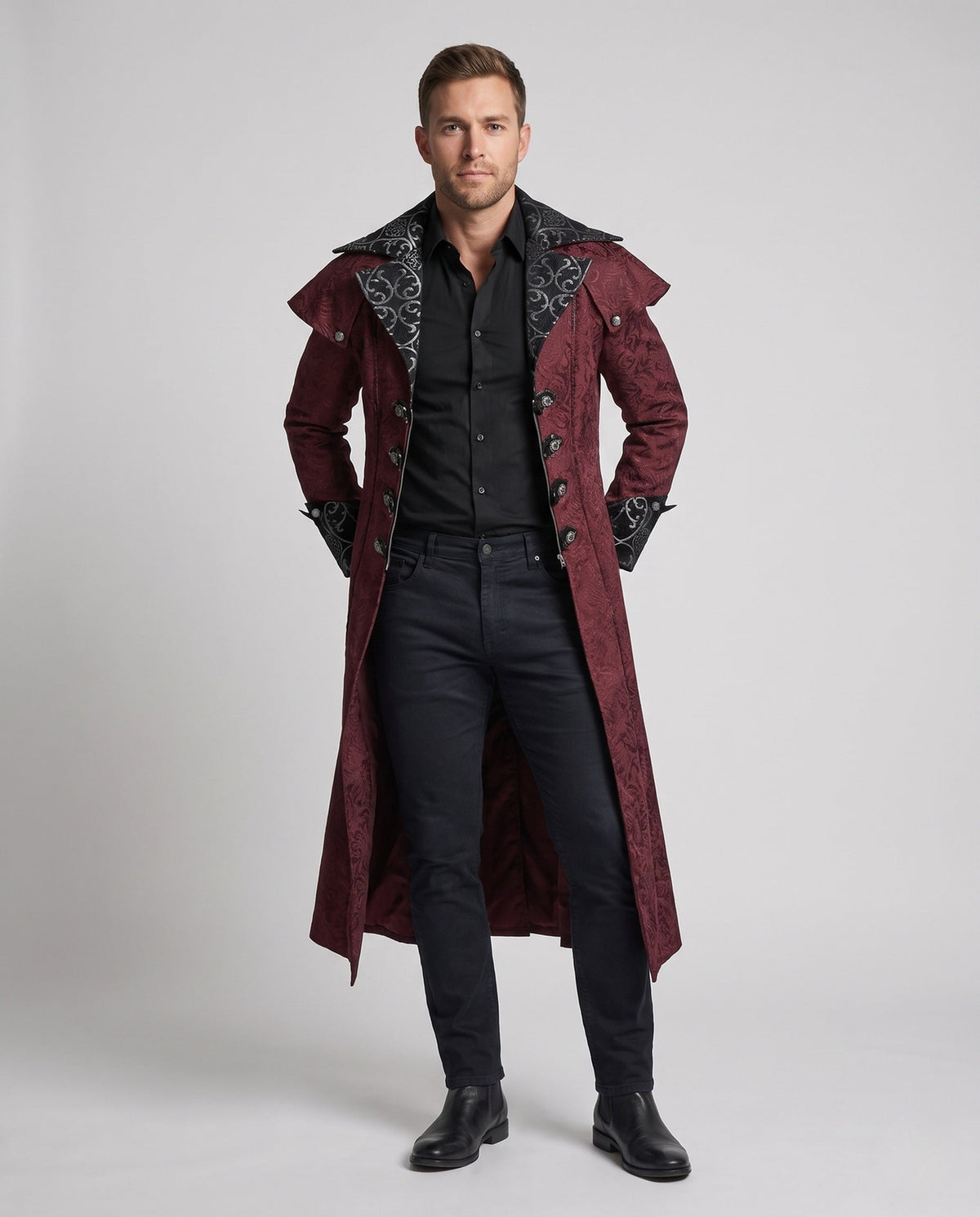 Men's gothic long coat in burgundy jacquard with high collar, cape shoulders and black button-tab front panel