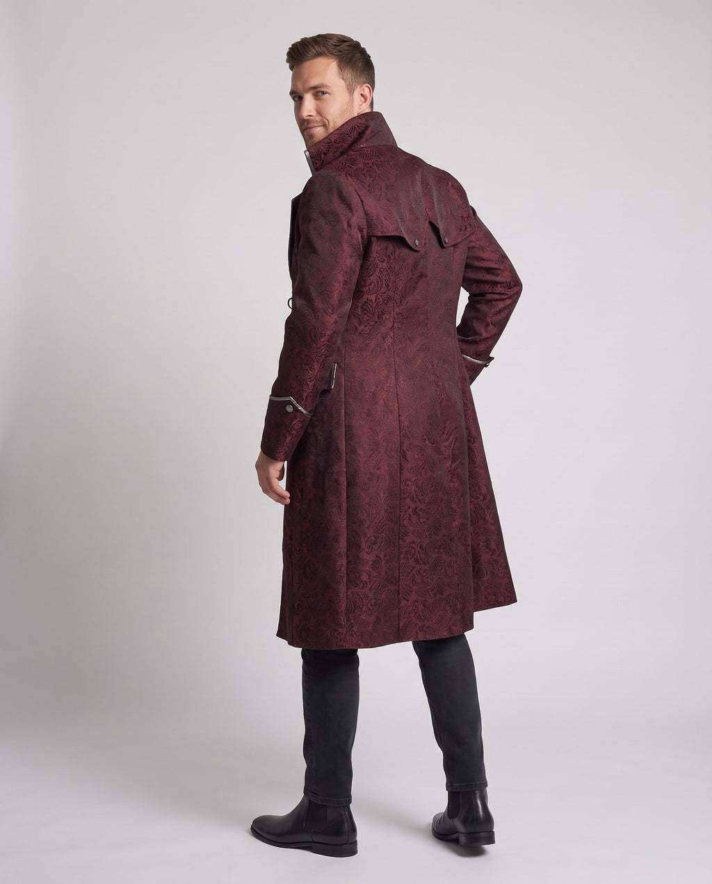 Men's gothic long coat in burgundy jacquard with high collar, cape shoulders and black button-tab front panel - view 2