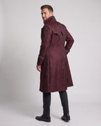 Men's gothic long coat in burgundy jacquard with high collar, cape shoulders and black button-tab front panel - view 2