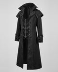 Men's gothic long coat in burgundy jacquard with high collar, cape shoulders and black button-tab front panel - view 3