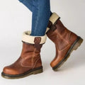 Brown leather fur lined ankle boots for women with fleece fold-over cuff