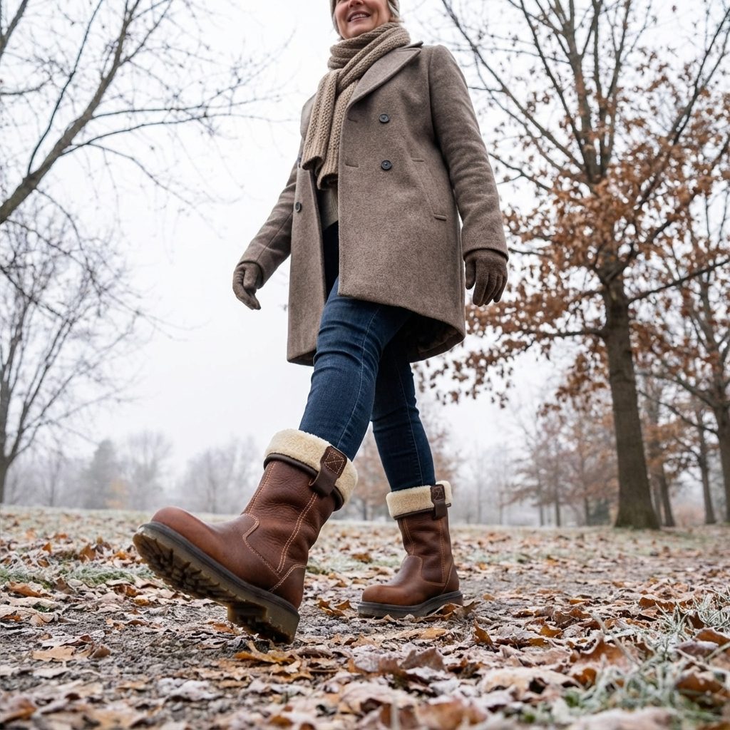 Brown leather fur lined ankle boots for women with fleece fold-over cuff - view 2