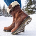 Brown leather fur lined ankle boots for women with fleece fold-over cuff - view 3