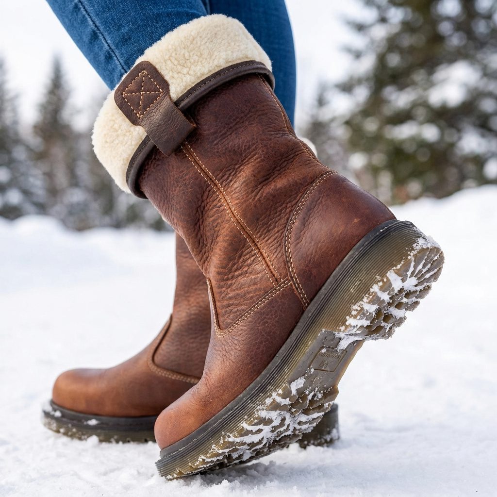 Brown leather fur lined ankle boots for women with fleece fold-over cuff - view 3