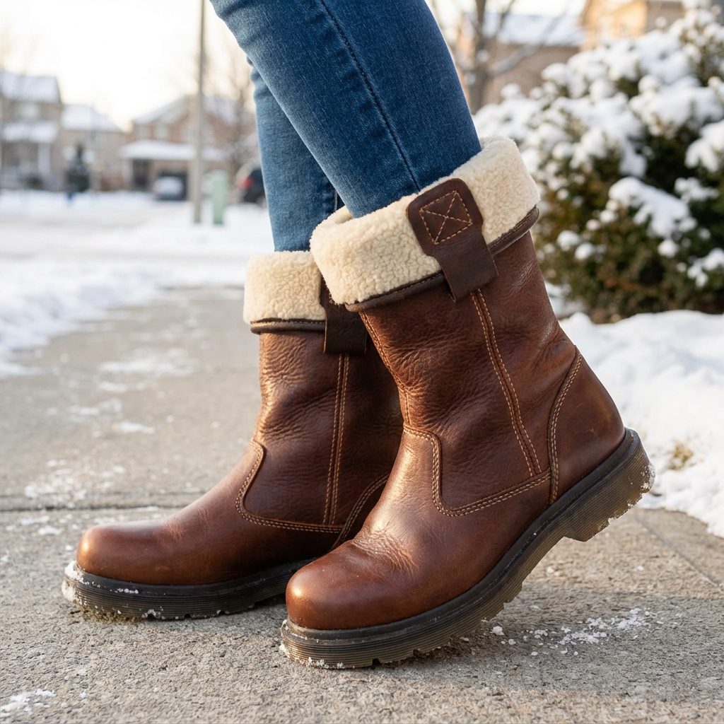 Brown leather fur lined ankle boots for women with fleece fold-over cuff - view 4