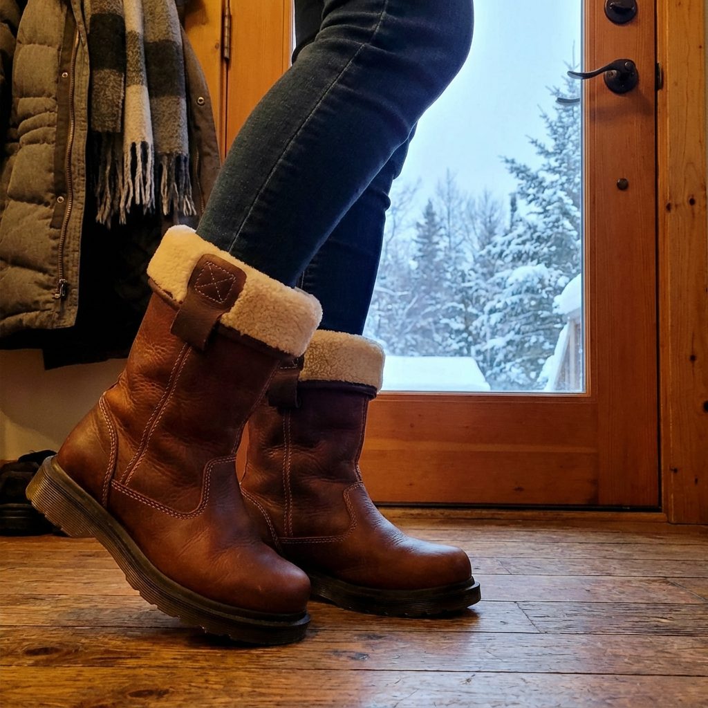 Brown leather fur lined ankle boots for women with fleece fold-over cuff - view 5