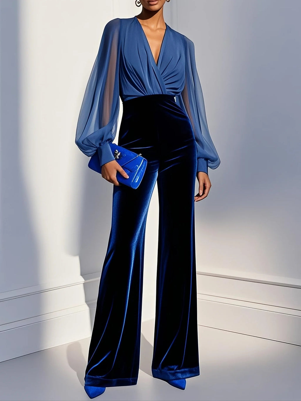 Blue sheer sleeve velvet jumpsuit with wrap V-neck and wide legs