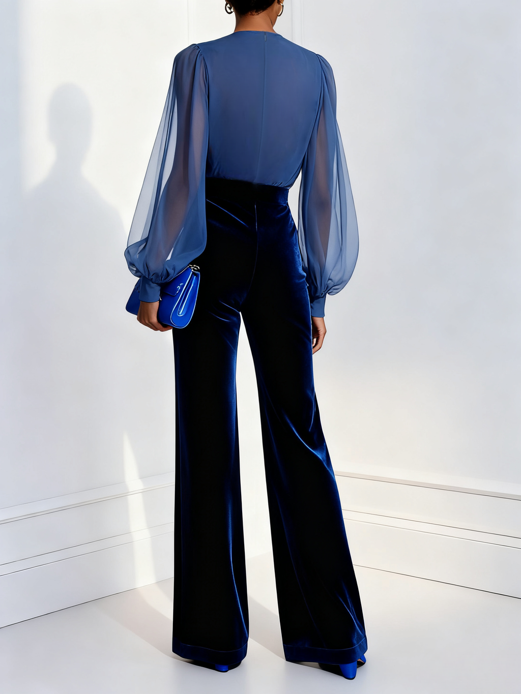 Blue sheer sleeve velvet jumpsuit with wrap V-neck and wide legs - view 2