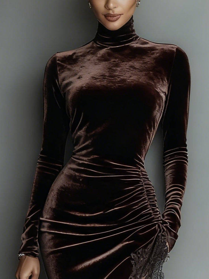 Woman wearing a brown turtleneck velvet dress with black lace slit and asymmetric hem - view 2
