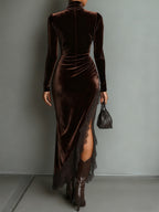 Woman wearing a brown turtleneck velvet dress with black lace slit and asymmetric hem - view 4