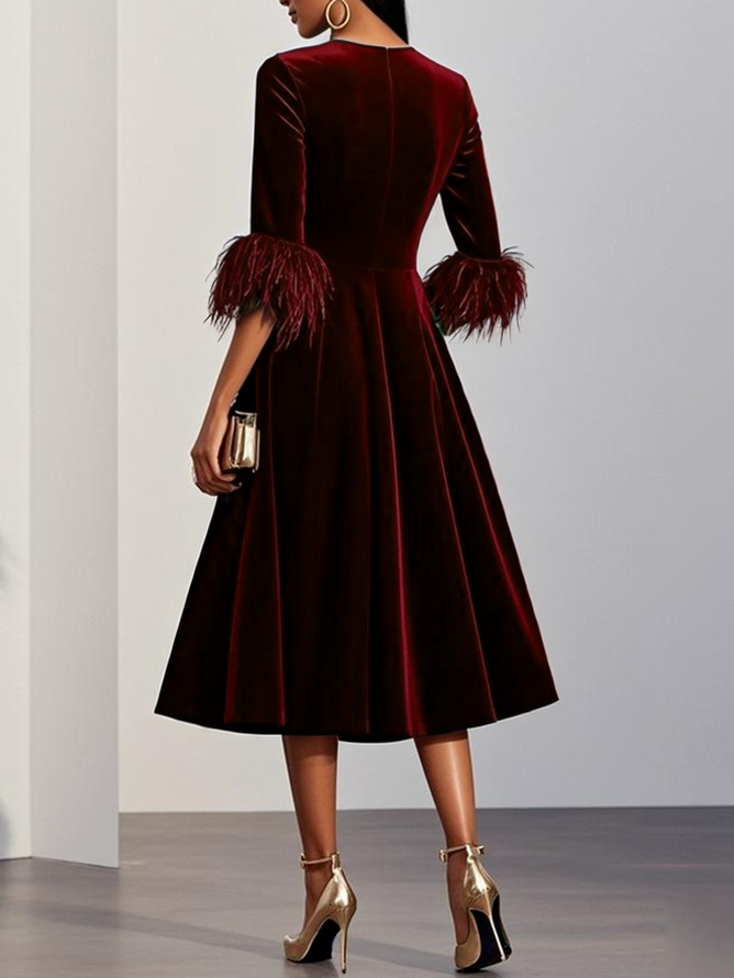 Burgundy velvet feather cocktail dress with A-line midi skirt and feather-trimmed cuffs - view 2