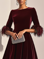 Burgundy velvet feather cocktail dress with A-line midi skirt and feather-trimmed cuffs - view 3